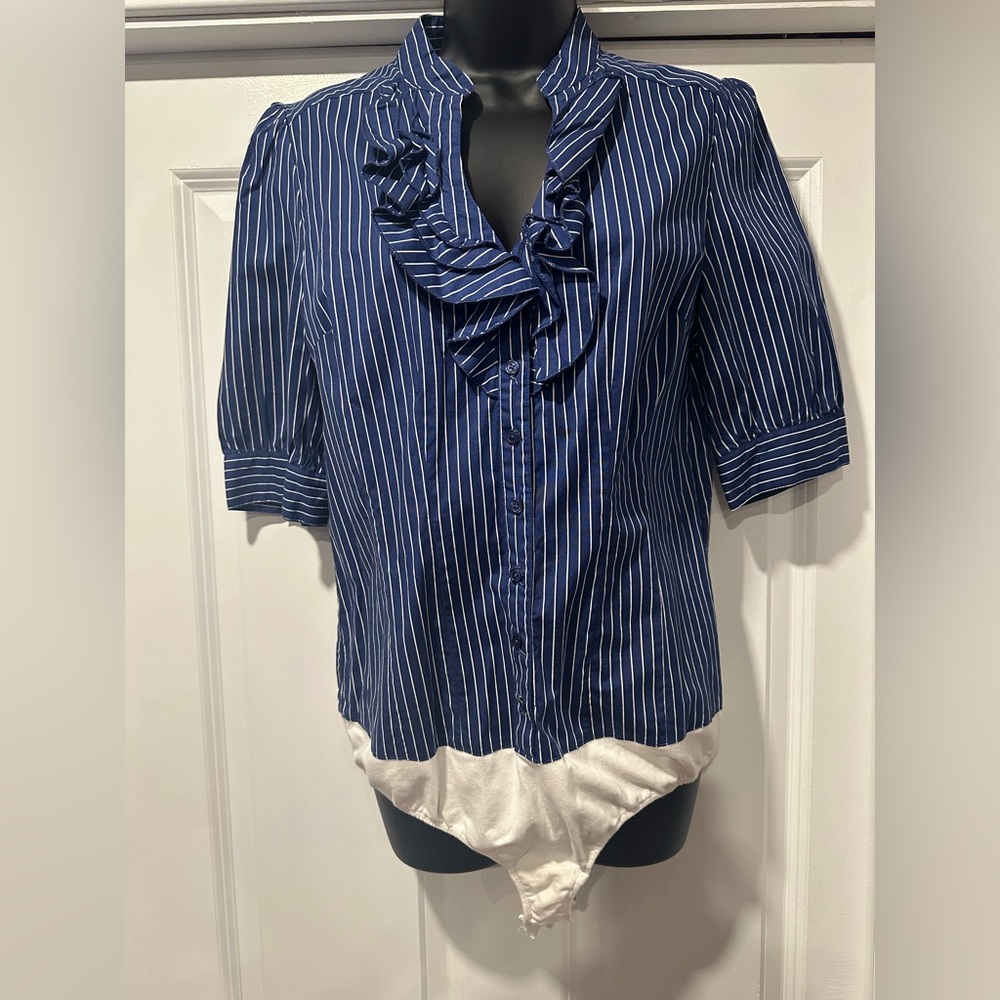 Metrostyle Blue and White Striped Ruffle Bodysuit